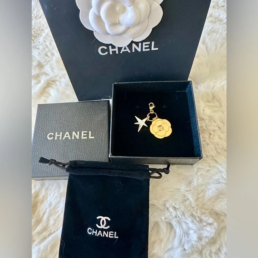 Brand New CHANEL Gold Camellia Flower Charm Includes Jewelry Bag + Box. - Picture 4 of 5